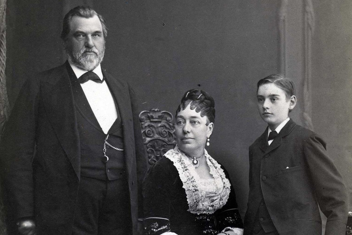 A portrait of Senator Leland Stanford, Jane Lathrop Stanford, Leland Stanford Jr. taken in 1878.